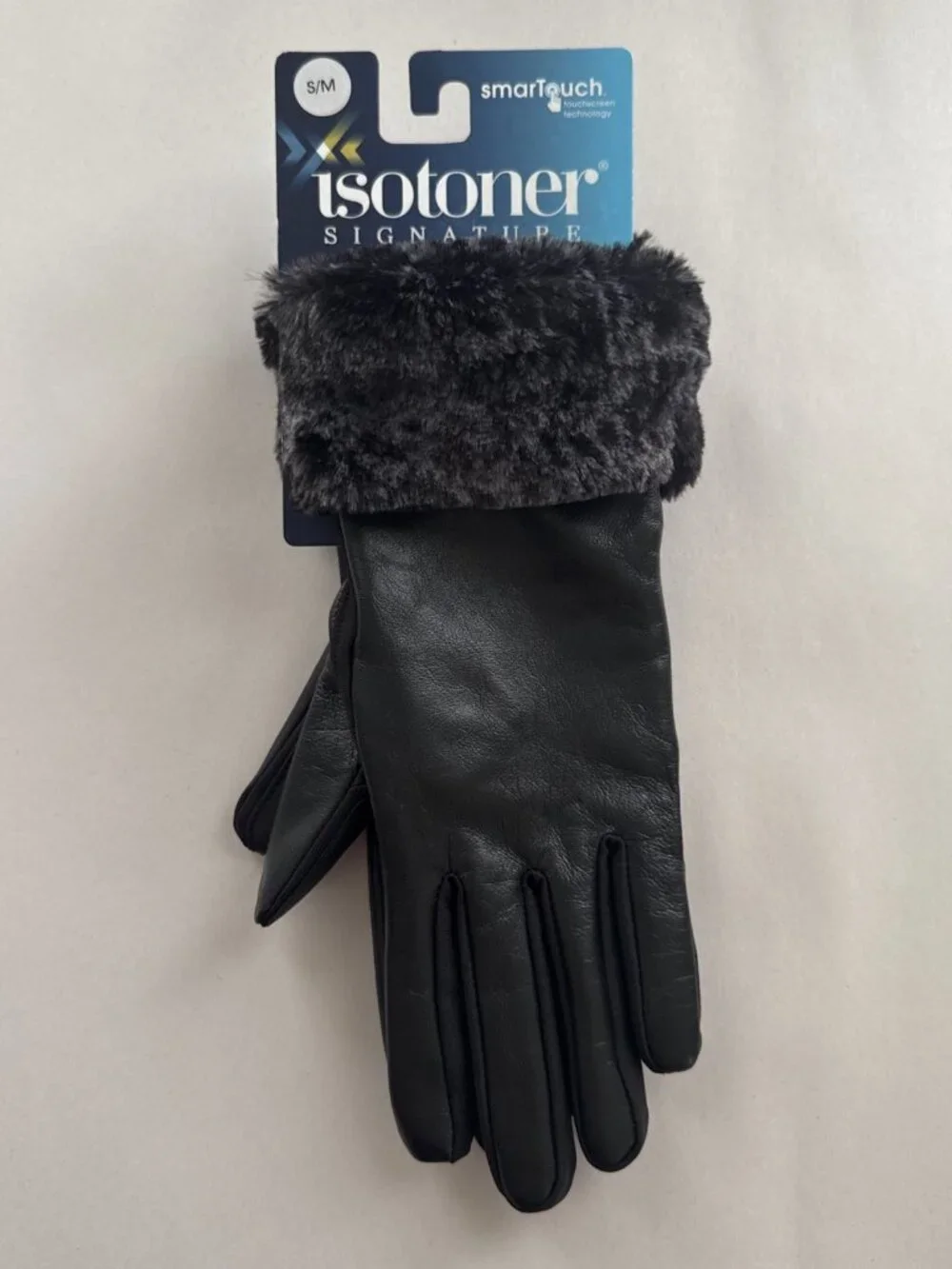 Isotoner Women's Small Medium Black Leather Gloves Faux Fur Smart Touch NWT